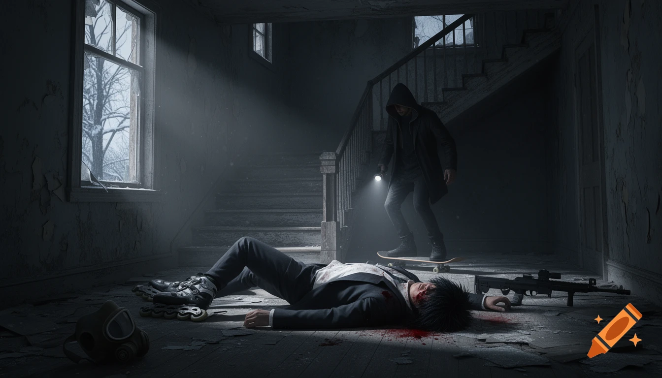 A hooded figure with a flashlight stands over an injured man lying on the floor with a bloody head wound, a rifle, and a gas mask in a dark, dilapidated room.
