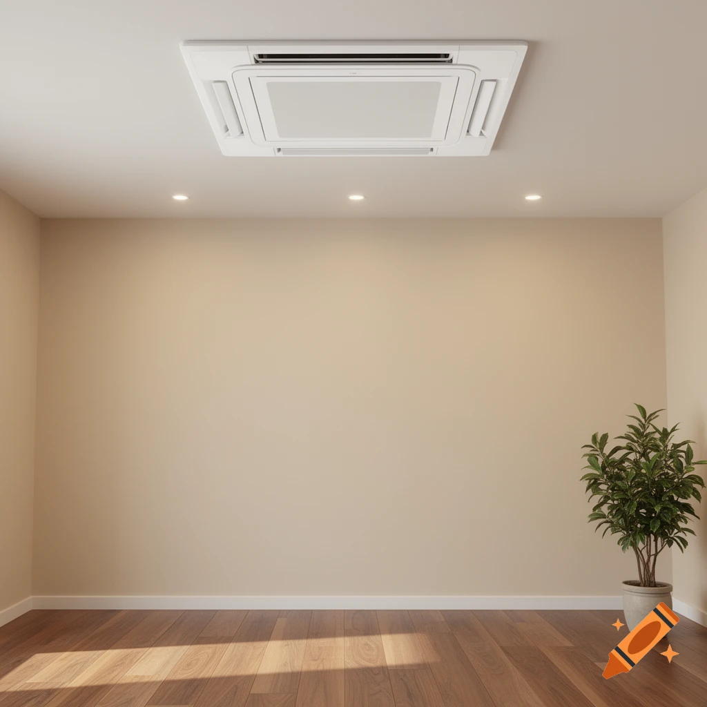 Photorealistic image of a white ceiling-mounted cassette air conditioner in a minimalist room with beige walls, a wooden floor, and a potted plant.