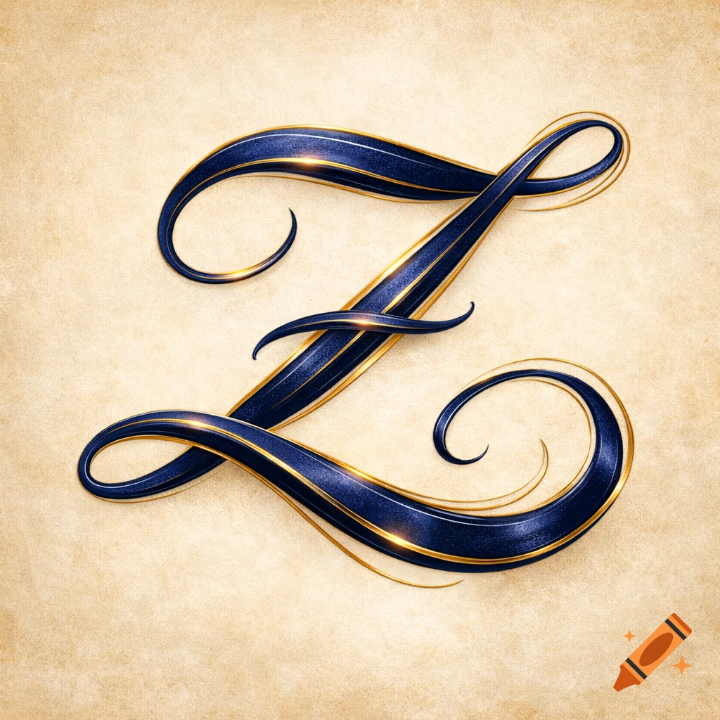 An elegant dark blue cursive capital letter Z with shimmering gold outlines on a textured light beige background.