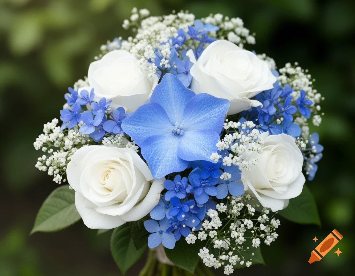 A photorealistic bouquet featuring white roses, blue star flowers, blue forget-me-nots, and white baby's breath.