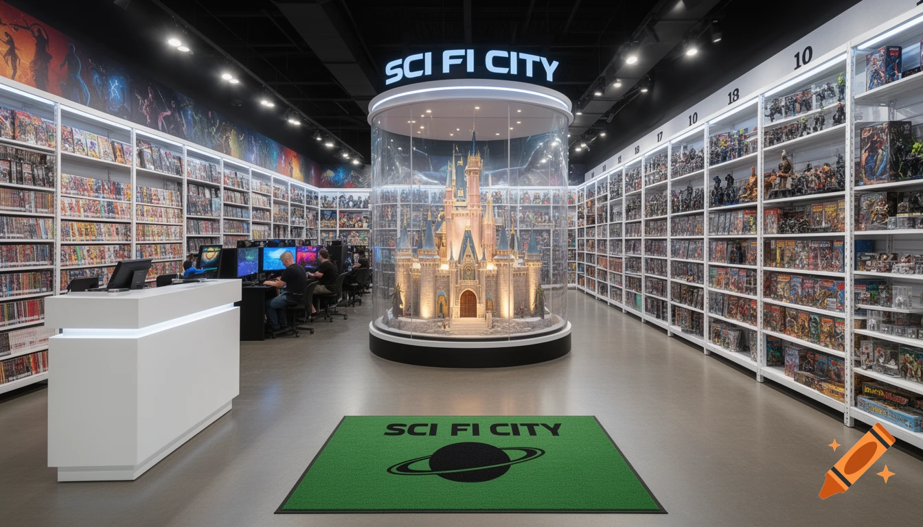 A wide-angle shot of a "Sci Fi City" store interior, featuring a central castle display, shelves of comics and action figures, gaming stations, and a checkout counter.