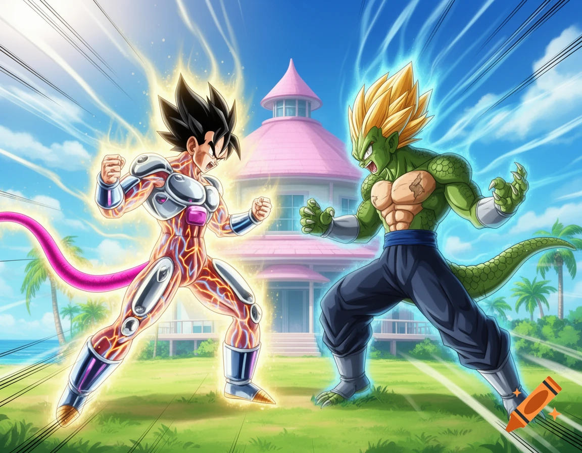 A robotic-armored Goku with a pink tail and a dinosaur-like Vegeta with a blue aura face off in an anime style.