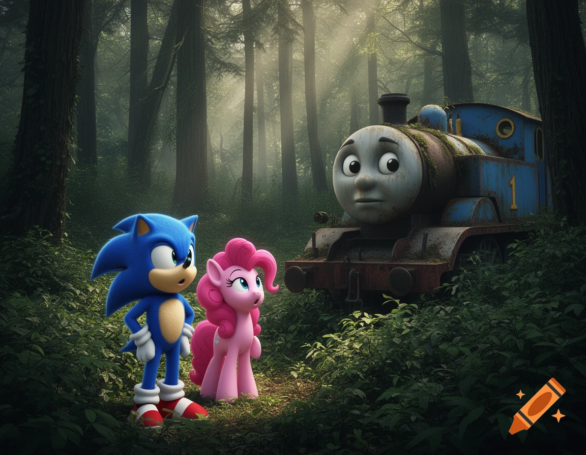 Sonic and Pinkie Pie stand in a sunlit forest, looking at an abandoned, moss-covered Thomas the Tank Engine.