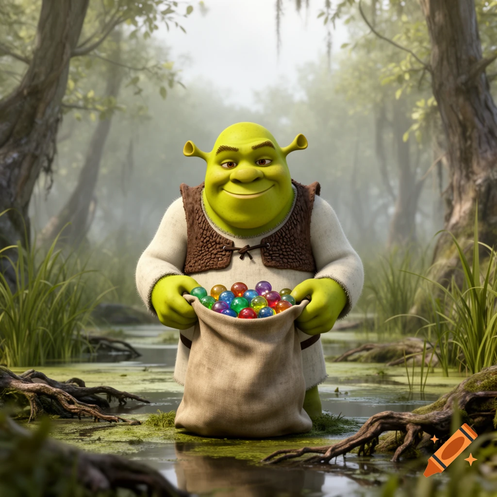 Shrek stands in a lush swamp, smiling and holding open a burlap bag filled with colorful, shiny marbles.
