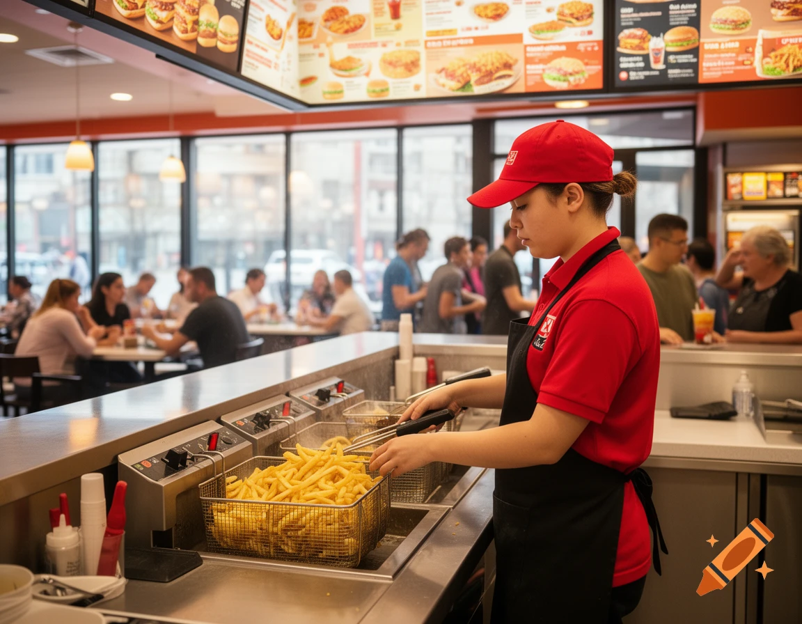 A fast-food worker in a red shirt and black apron fries french fries in a bustling restaurant with menu boards.