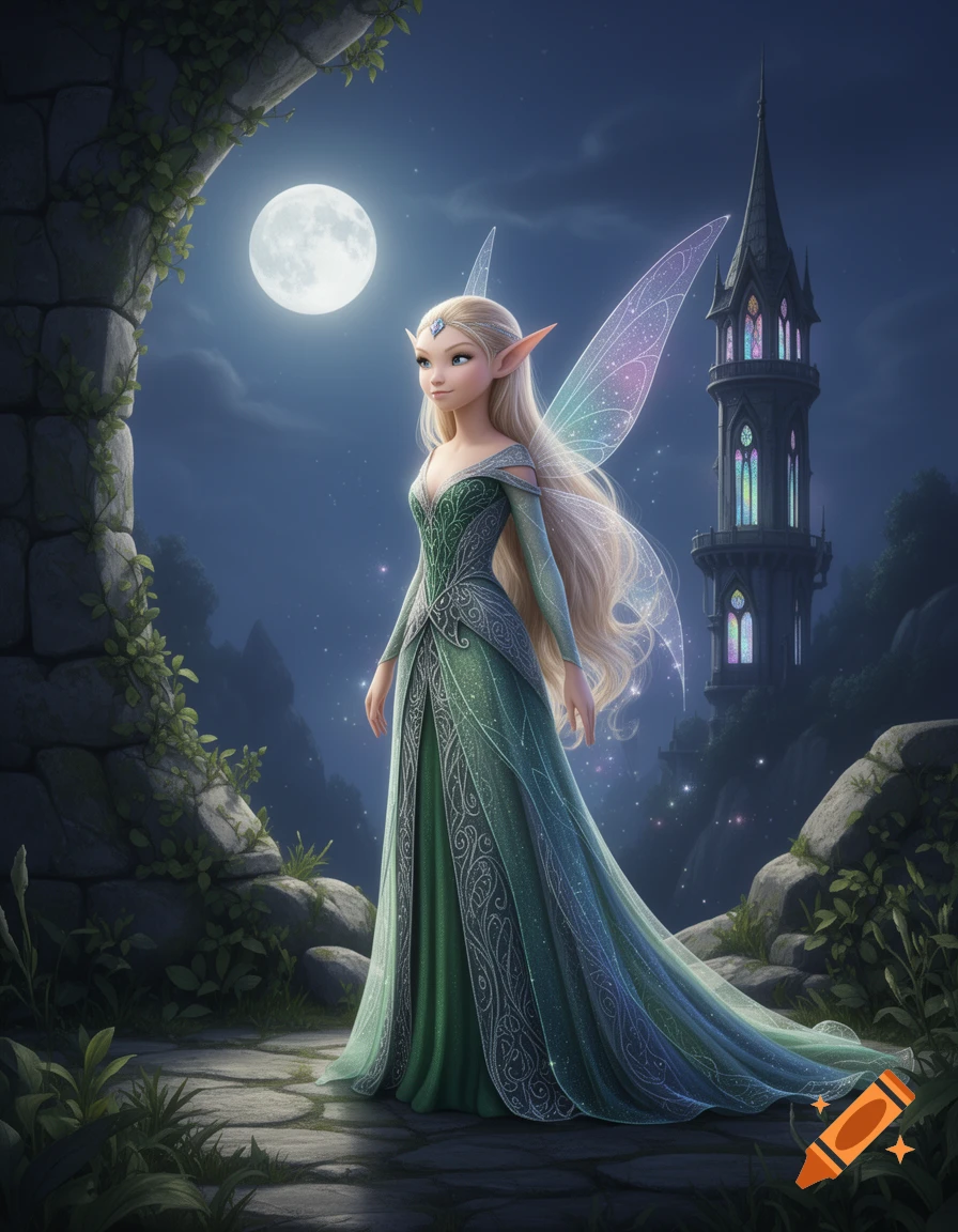 A blonde elf woman in a green glittery gown and shimmering wings stands on a stone path under a full moon at night, with a gothic tower in the background, digital art.