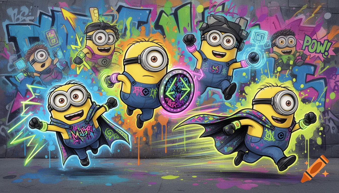 An extremely detailed graffiti-style illustration of six Minion-like superhero characters with glowing effects and urban street art elements.