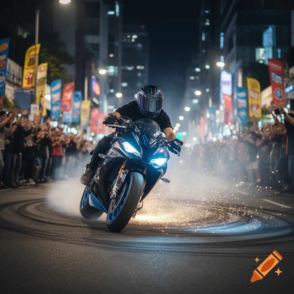 A motorcyclist performs a burnout on a city street at night, surrounded by a cheering crowd and sparks.