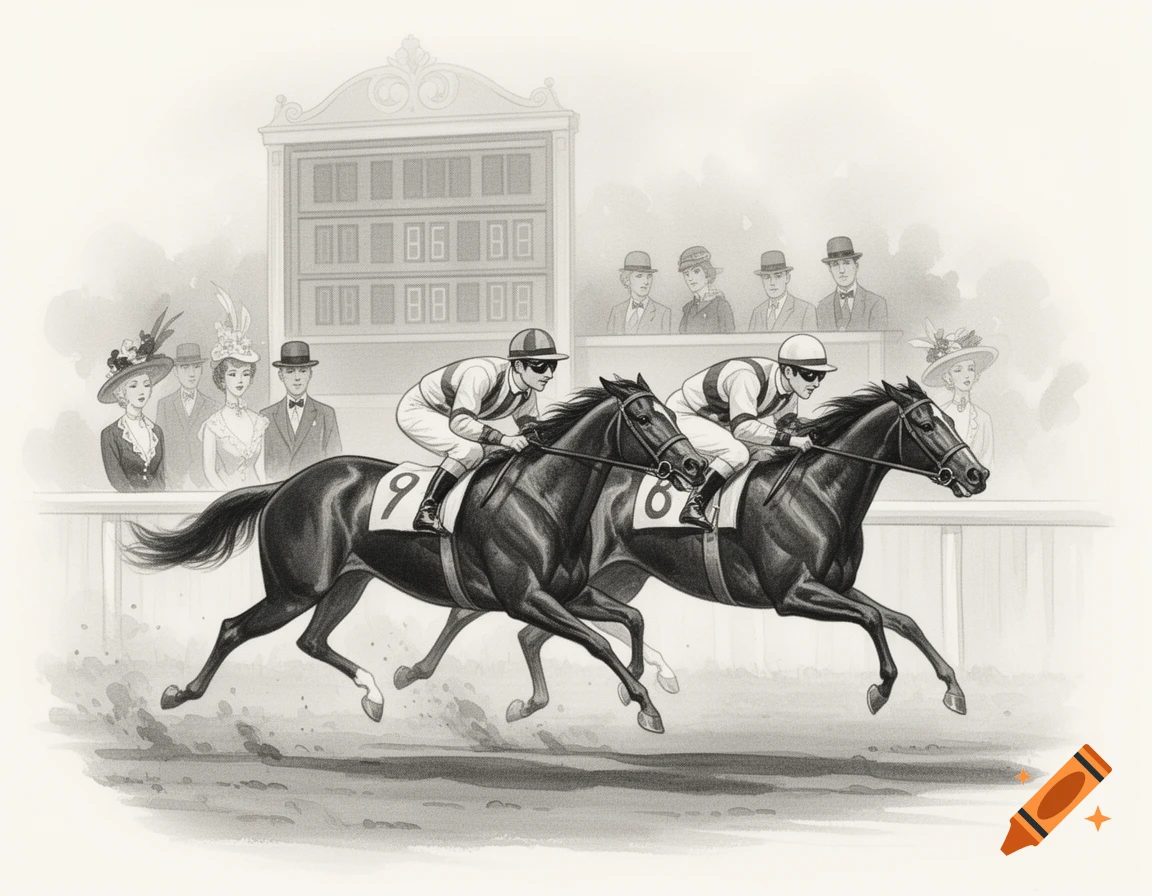 A black and white illustration of two jockeys on racehorses, neck and neck, with spectators and a scoreboard in the background.