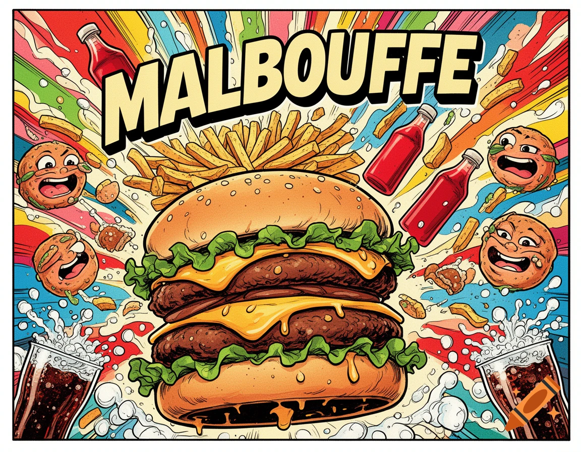 Vibrant comic illustration of a double cheeseburger, fries, soda, ketchup, and animated food characters, with "MALBOUFFE" text.