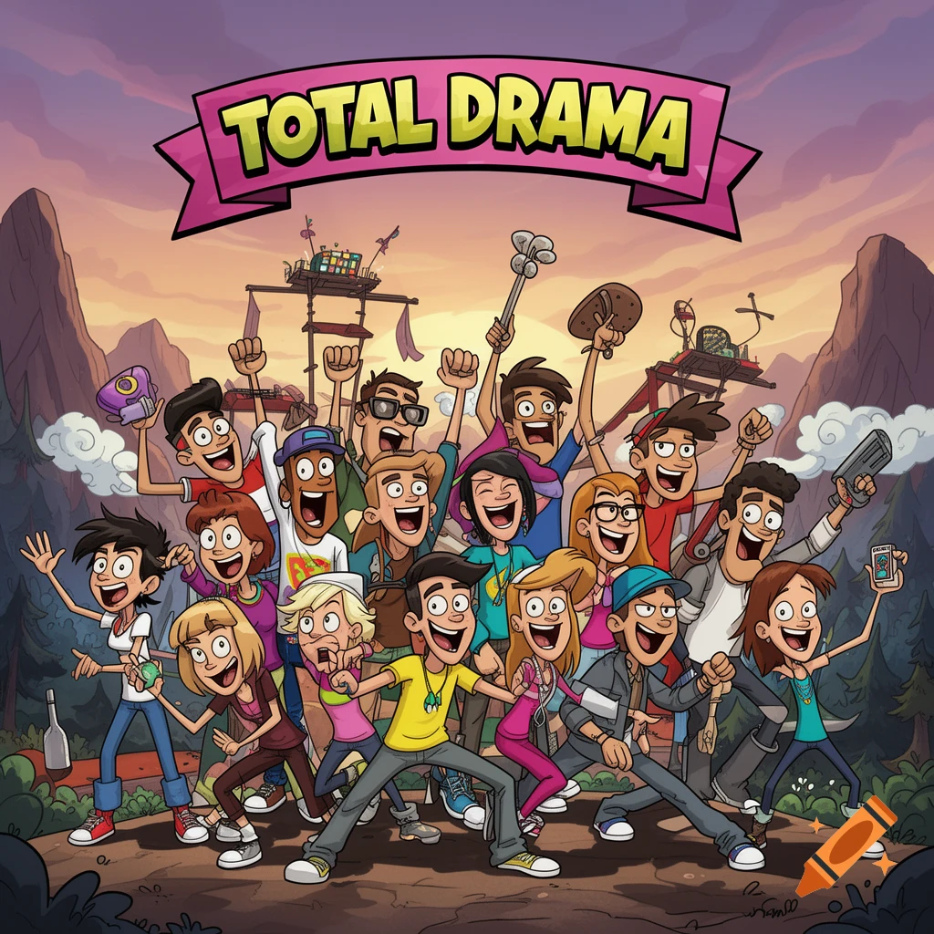 A large group of diverse cartoon characters cheers with raised fists under a pink banner reading 'TOTAL DRAMA' in a mountainous outdoor setting.