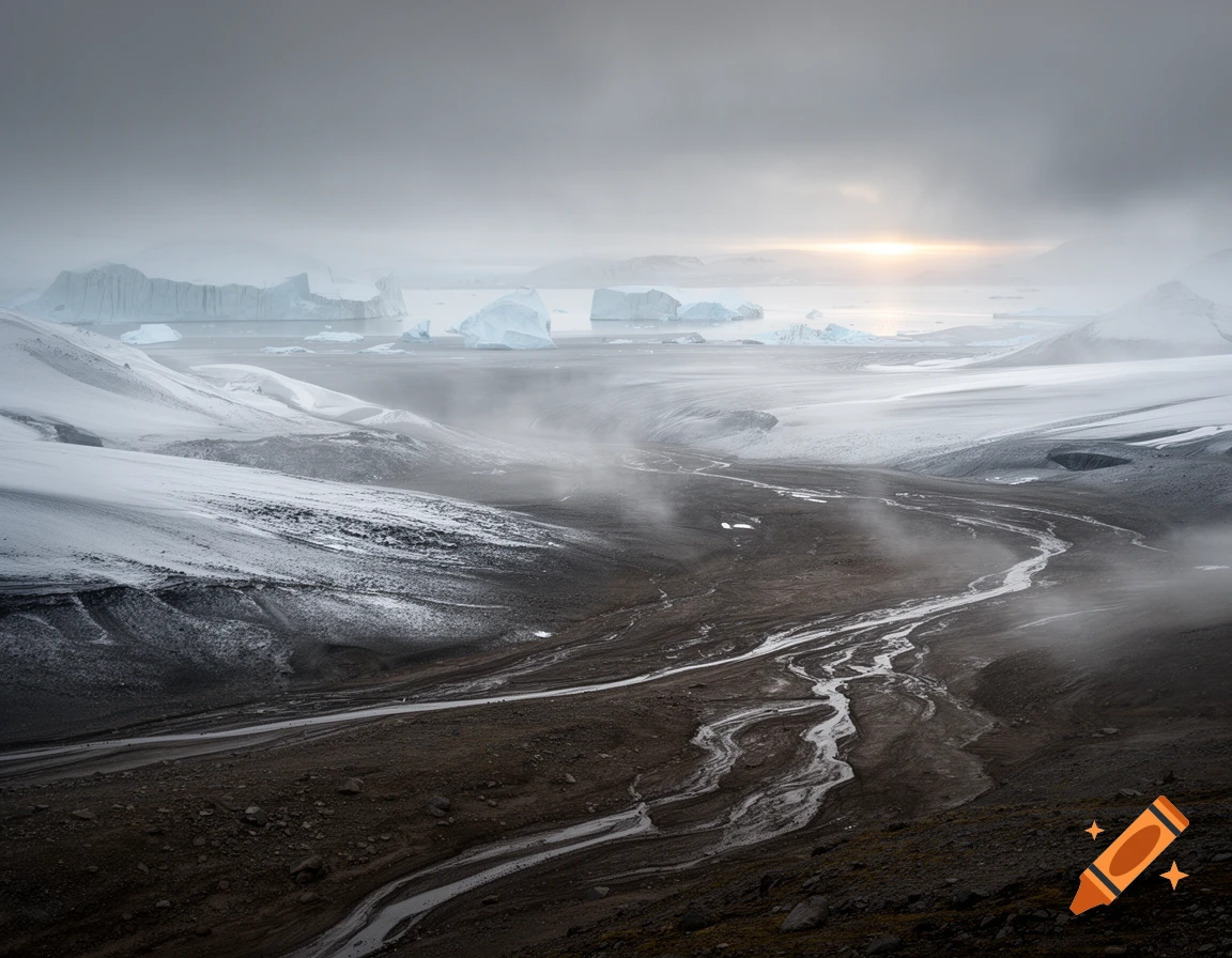 A vast, grey arctic landscape with snow-covered mountains, a winding river, and icebergs in a misty sea under a faint sun.