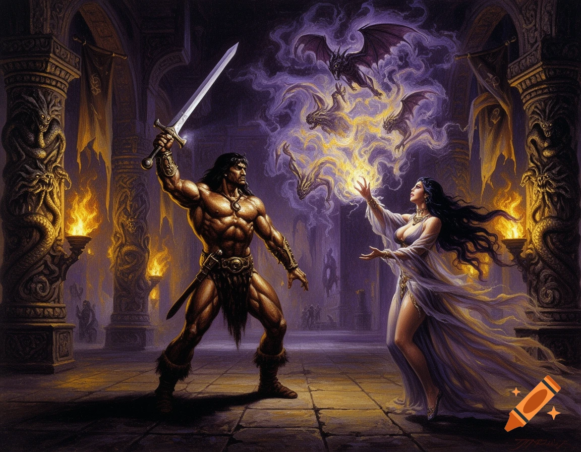 A muscular barbarian with a sword faces a sorceress summoning flying demons in a dark, torchlit ancient palace. Oil painting.