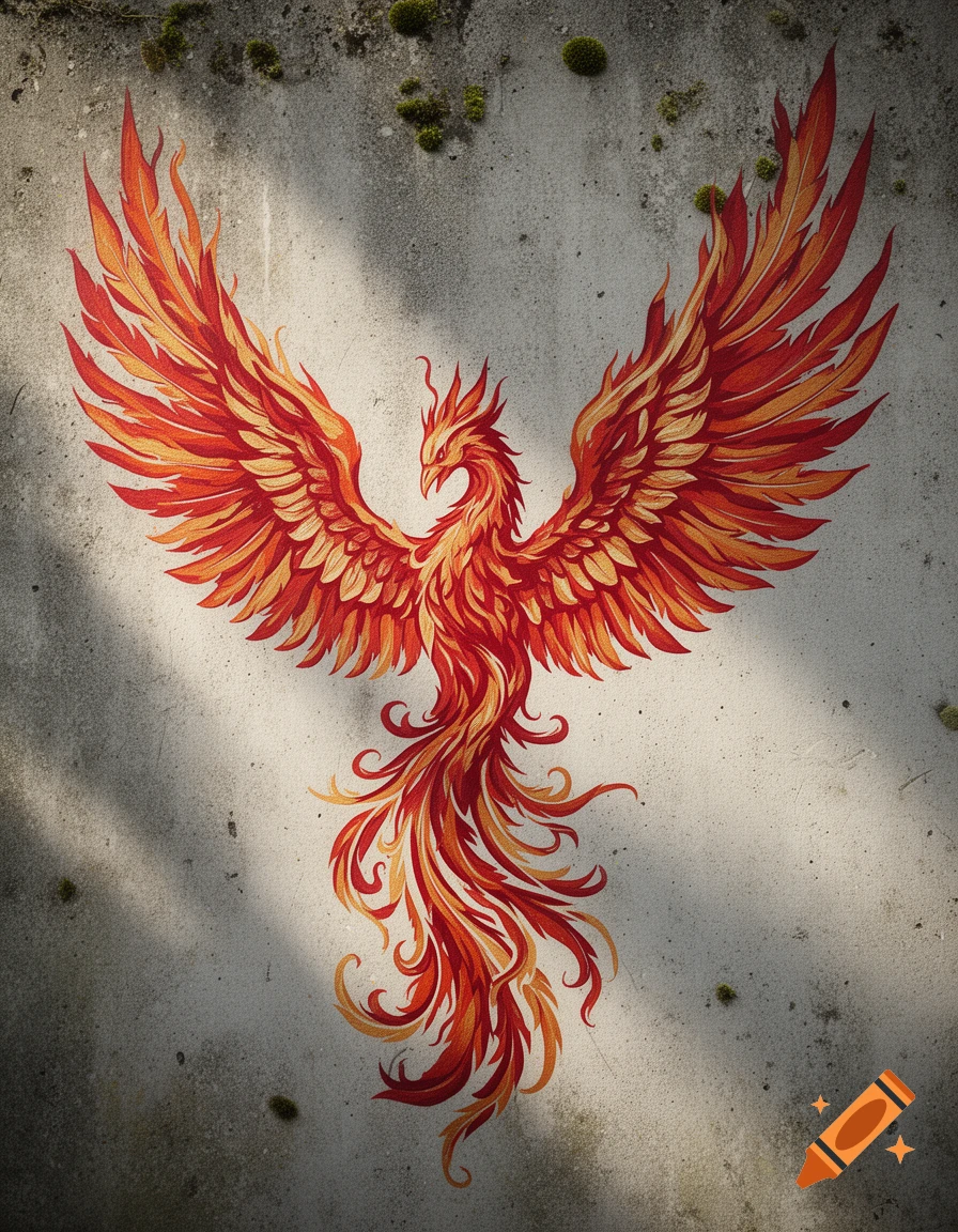 A vibrant red and orange phoenix with spread wings painted like a detailed stencil on a textured concrete wall with moss and shadows.