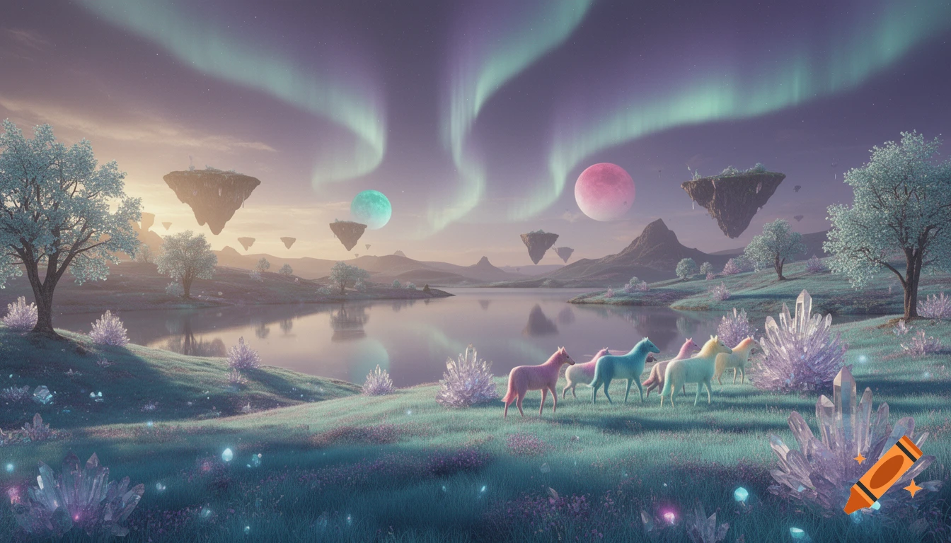 A serene, magical landscape with colorful horses, crystal formations, floating islands, and an aurora-lit sky reflecting in a lake.