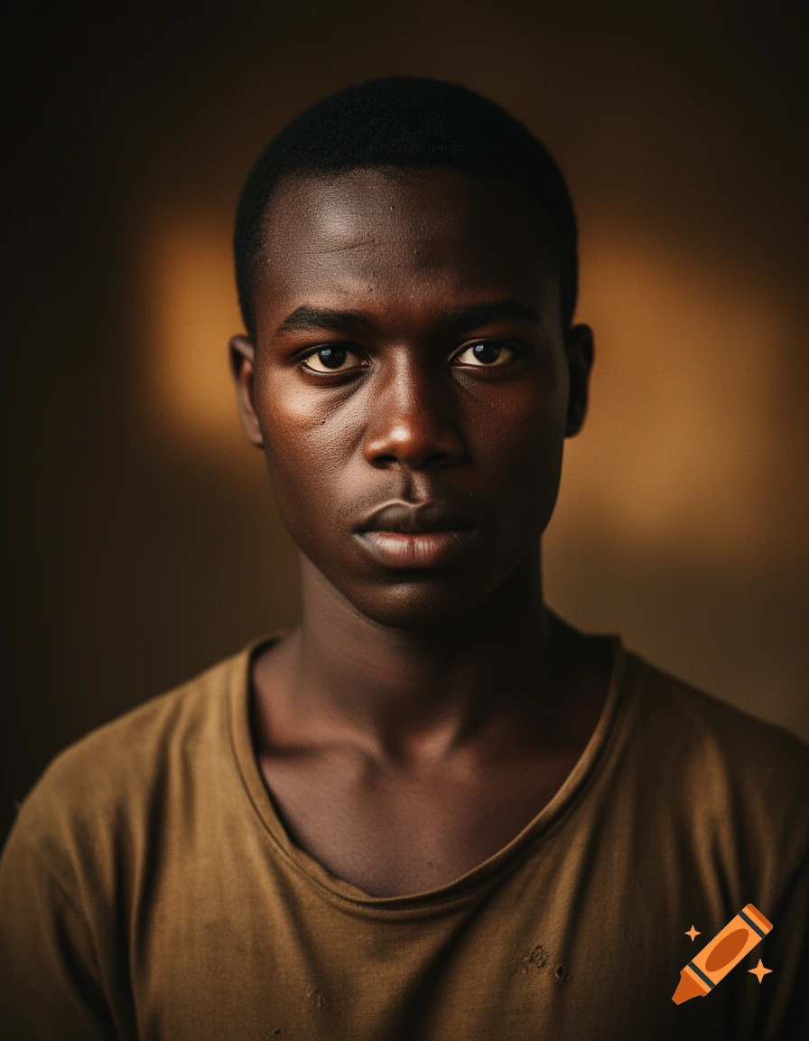 A serious young African man with deep brown skin and short hair wears a worn earth-toned shirt, illuminated by cinematic lighting against a warm moody background.