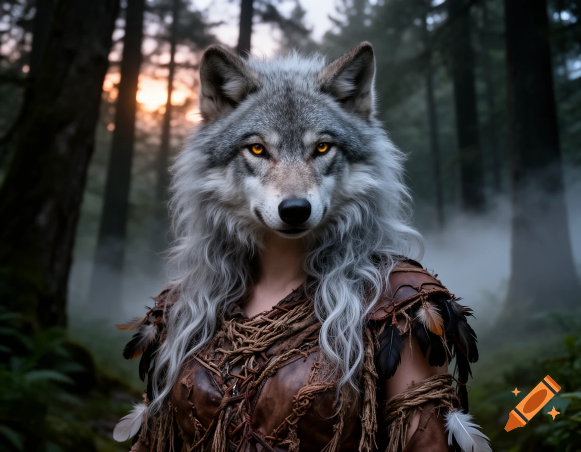 Photorealistic wolf-headed human with glowing orange eyes and long grey hair, wearing primitive leather in a foggy forest with sunset.
