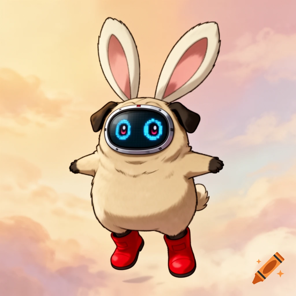 A pug-like creature with rabbit ears and a screen face with digital eyes, wearing red boots, floats in a cloudy sky, in Pokémon cartoon style.