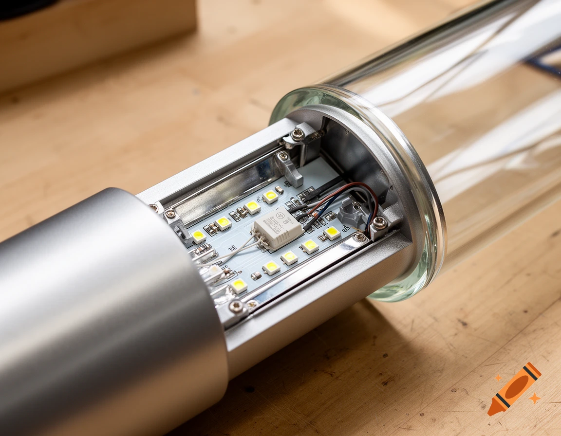 Close-up of the internal electronic components of an LED light fixture, showing the circuit board, LED chips, and wiring.
