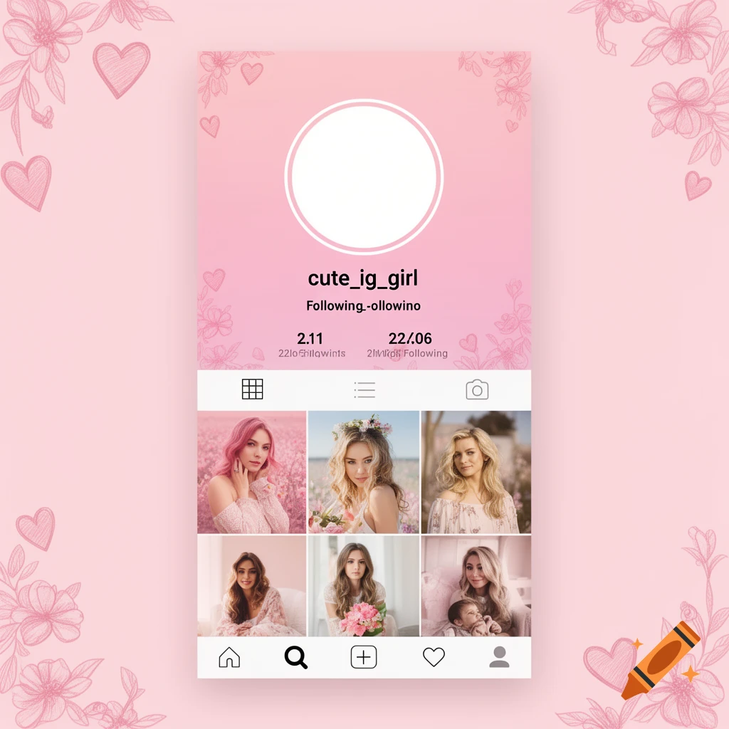 A pink Instagram profile UI template featuring an empty profile picture, the username 'cute_ig_girl', and a grid of six female portraits.