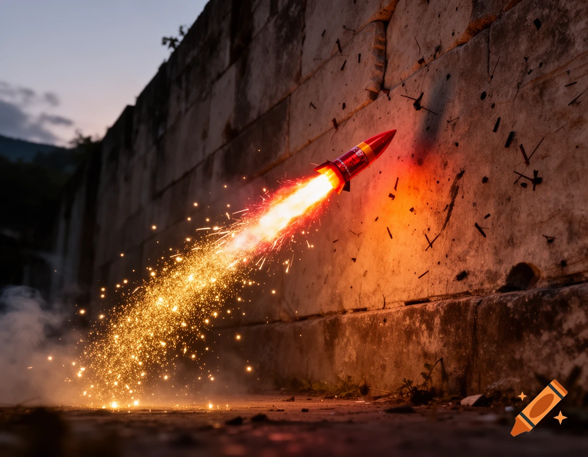A red firework rocket launches against a concrete wall, emitting bright golden sparks and smoke at dusk.