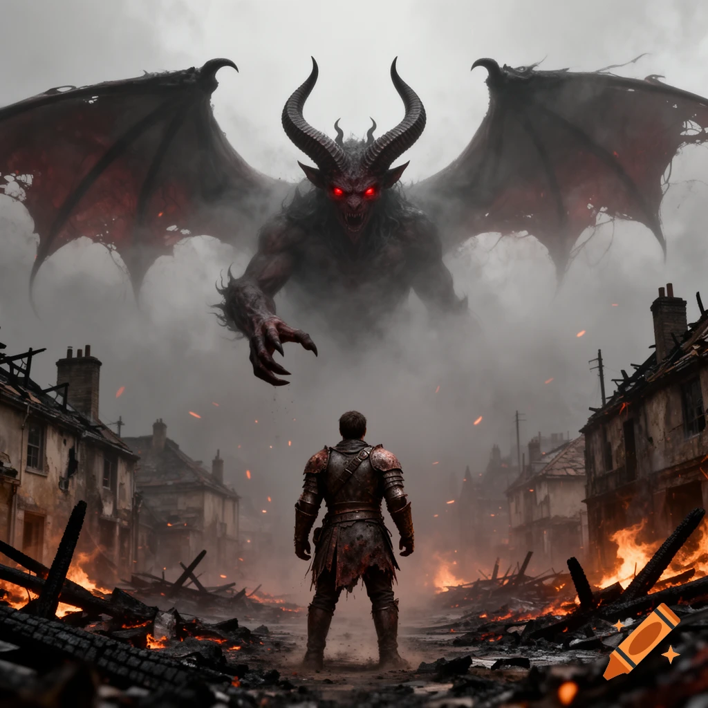 A lone warrior faces a colossal, horned, red-eyed winged devil emerging from fog over a burning, ruined town.