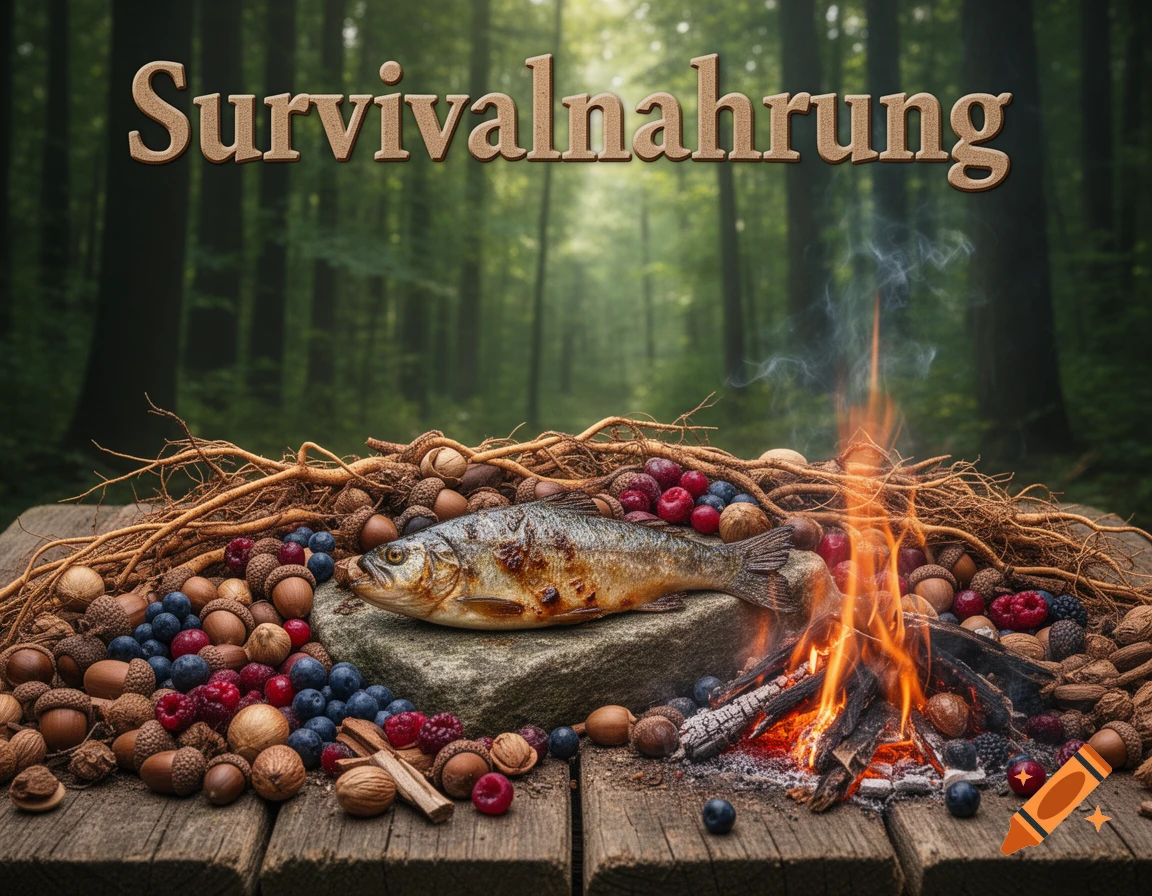 Photorealistic image of grilled fish, berries, nuts, and roots on wood with a campfire in a forest, with 'Survivalnahrung' text.