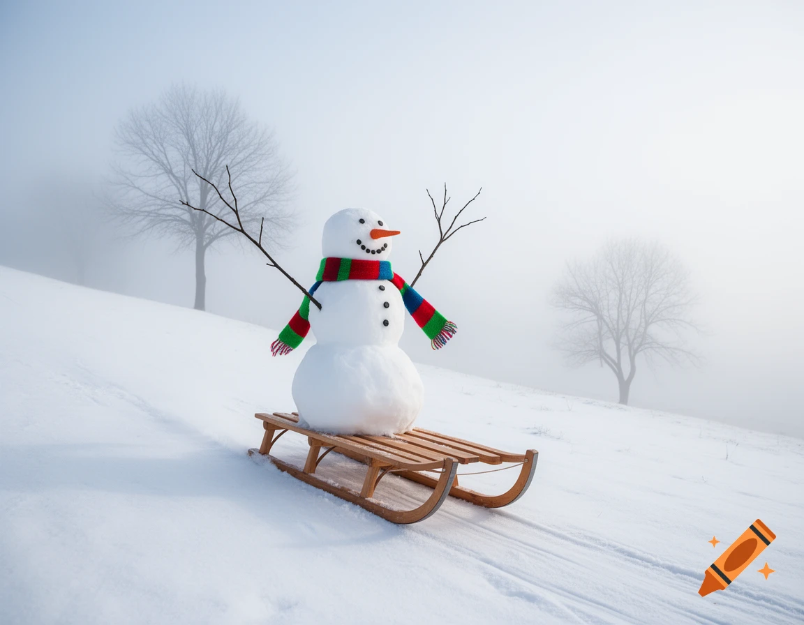 A cheerful snowman with a colorful scarf and stick arms sits on a wooden sled on a snowy hill, with bare trees in a foggy landscape.