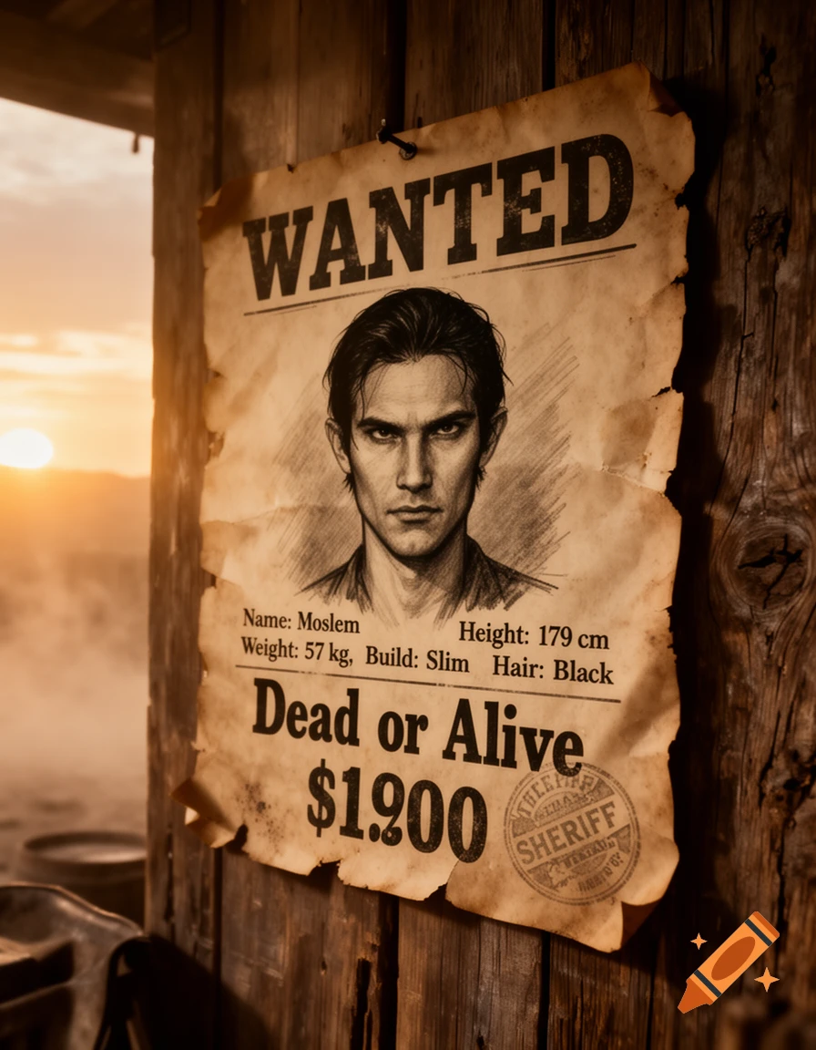 A vintage Western WANTED poster for a man named Moslem, pinned to a wooden wall at sunset, with a reward listed.