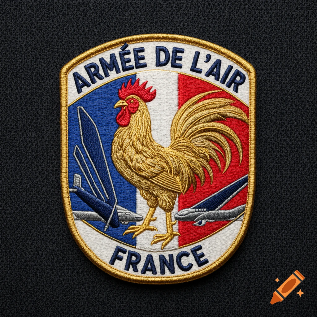 Embroidered military patch featuring a golden rooster, two airplanes, and the text 'ARMÉE DE L'AIR FRANCE' on a French flag background.