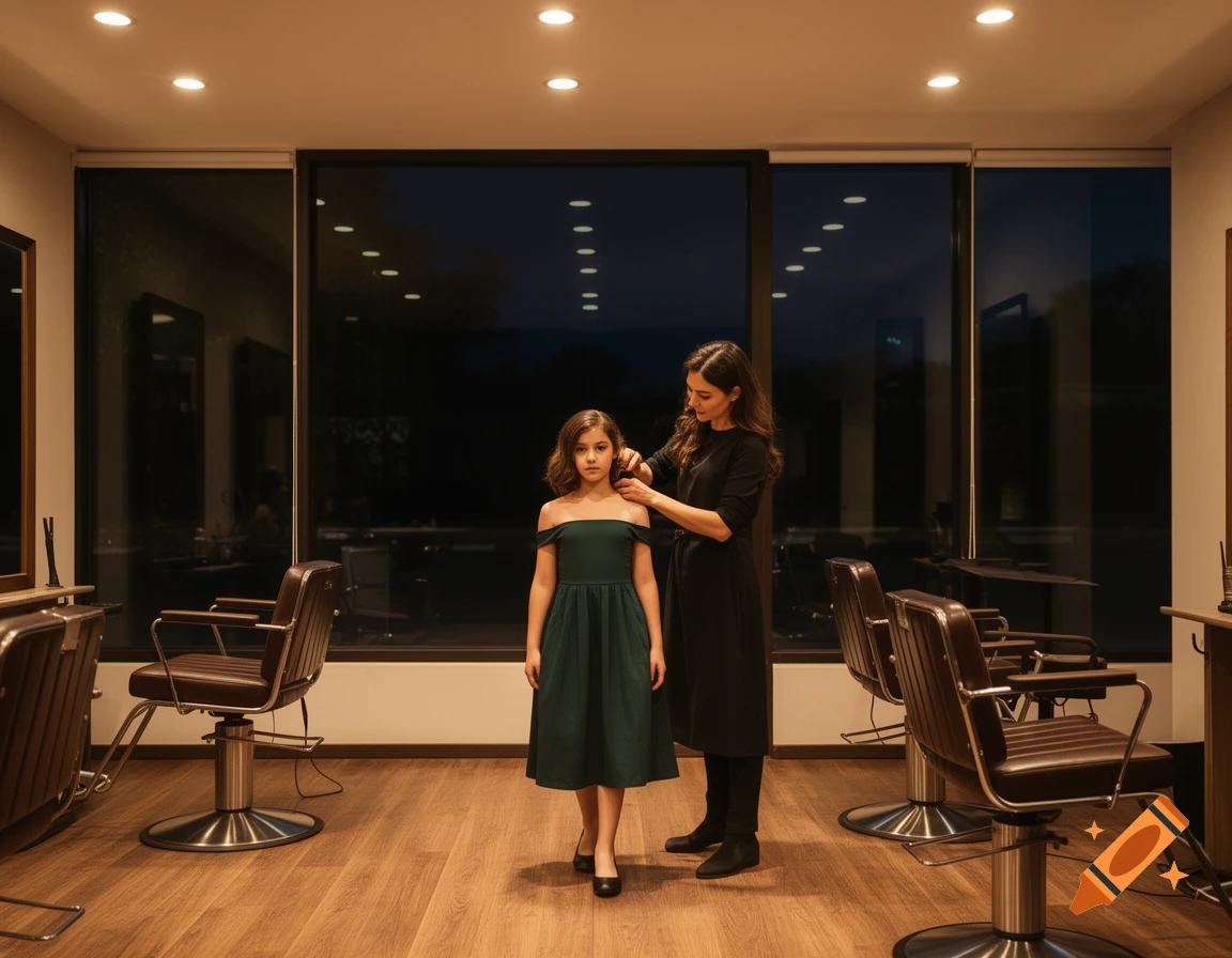 A female hairdresser styles a young girl's hair in a well-lit salon with large dark windows and brown chairs.