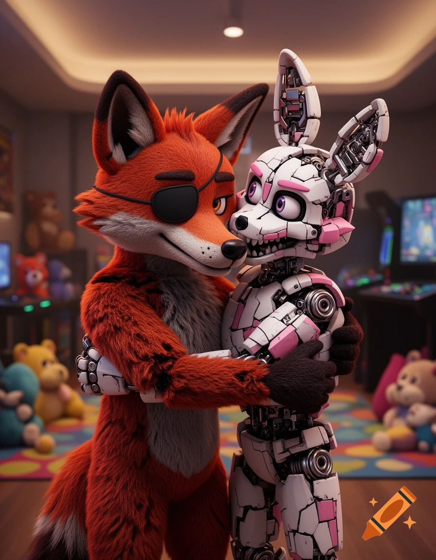 A 3D render of a red fox with an eyepatch hugging a white and pink robotic character in a child's room.
