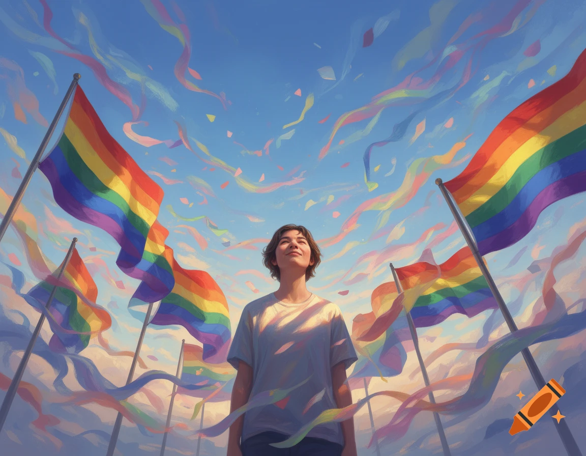 A person looks up with a serene expression, surrounded by numerous rainbow flags and colorful ribbons against a bright blue sky, in a painterly style.