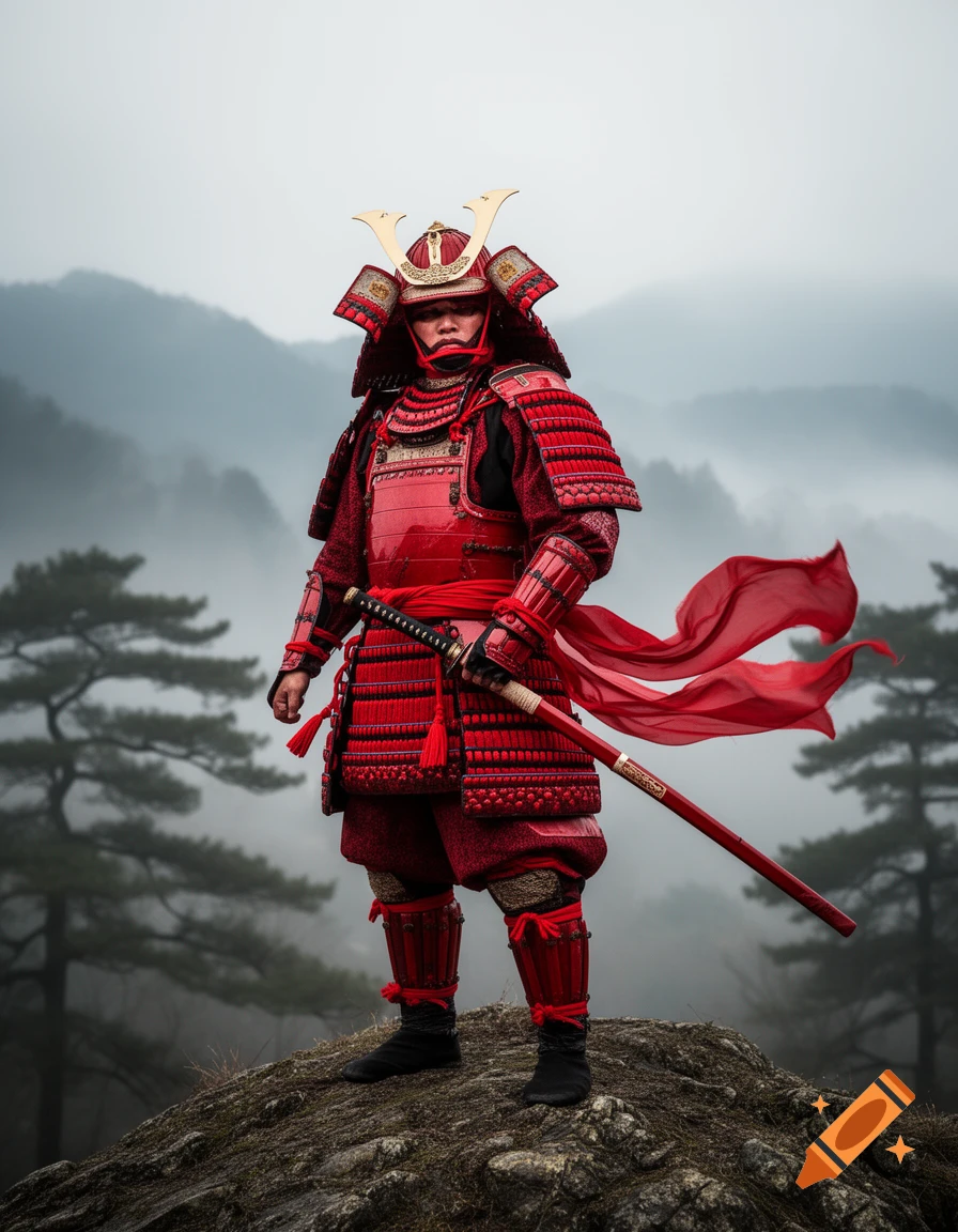 A red armored samurai stands on a rocky outcrop, holding a katana, with misty mountains and pine trees in the background.
