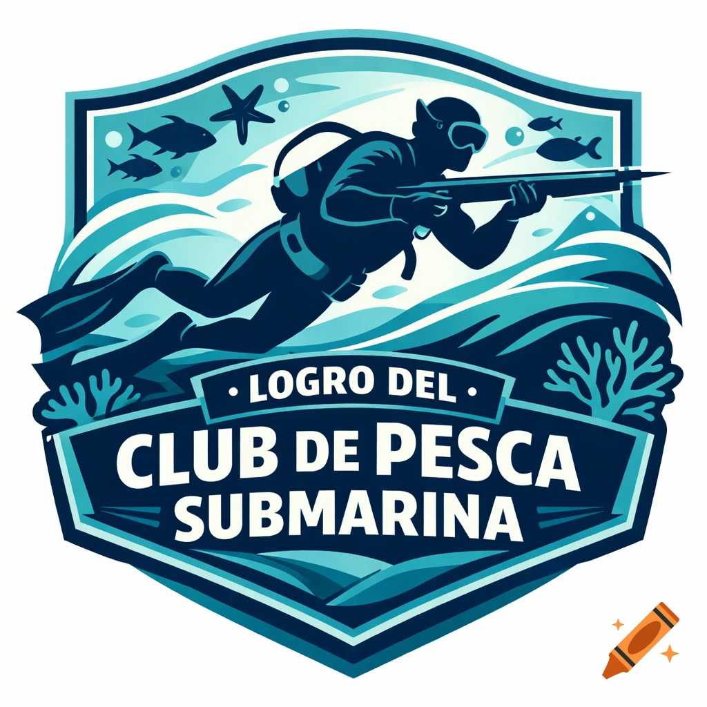 Stylized blue logo for a spearfishing club, featuring a diver with a speargun, fish, and coral, with Spanish text.