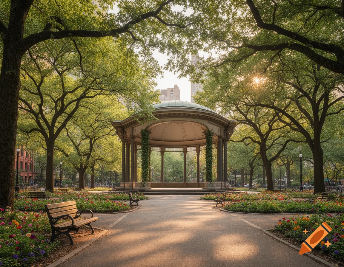 A beautiful, sunlit city park with a central bandshell surrounded by lush green trees, flower beds, and park benches.