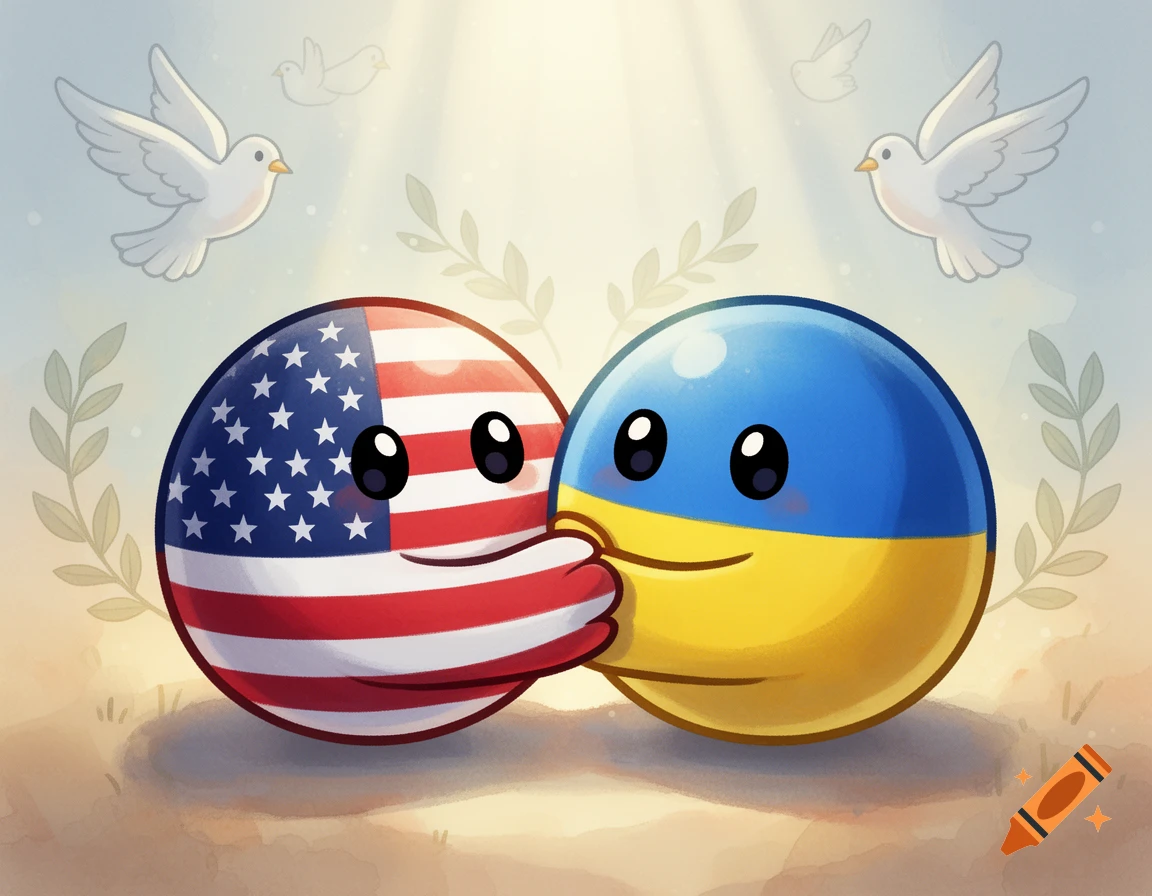 Cartoon USA countryball hugging a Ukraine countryball, surrounded by white doves and olive branches, symbolizing peace.