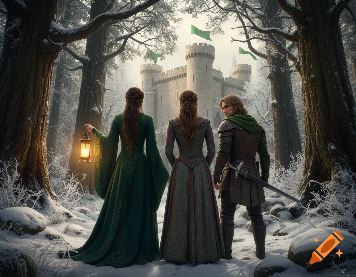 Three fantasy figures, two women and a man, stand in a snowy forest ...