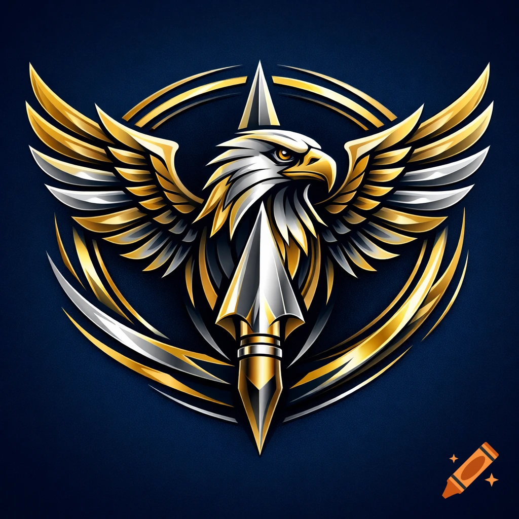 Stylized golden and silver eagle logo with spread wings holding a spearhead on a dark blue background.