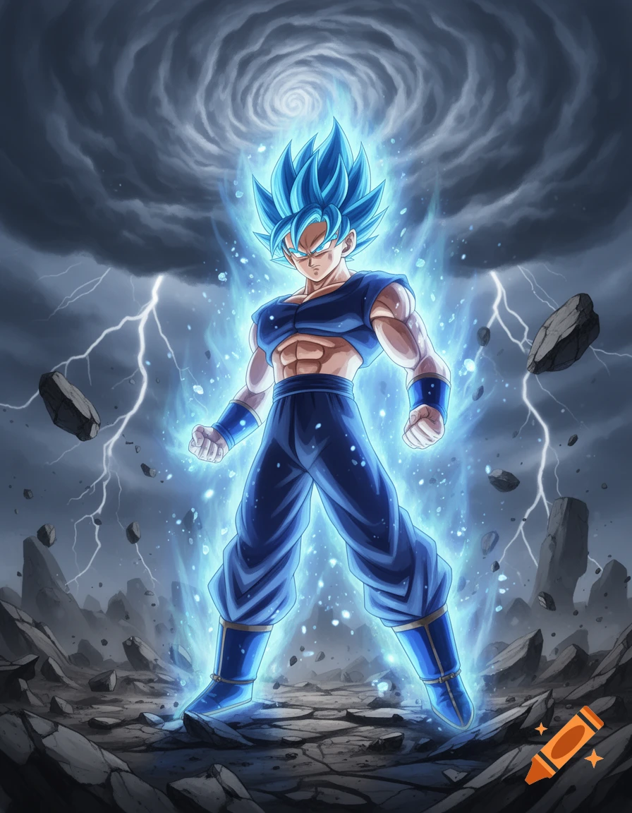Goku in Super Saiyan Blue form surrounded by a blue aura, lightning, and floating rocks under a stormy sky.