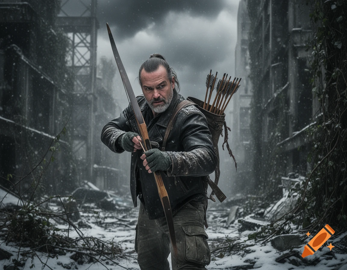 A photorealistic image of an archer with a bow and quiver standing in a snowy, ruined post-apocalyptic city.