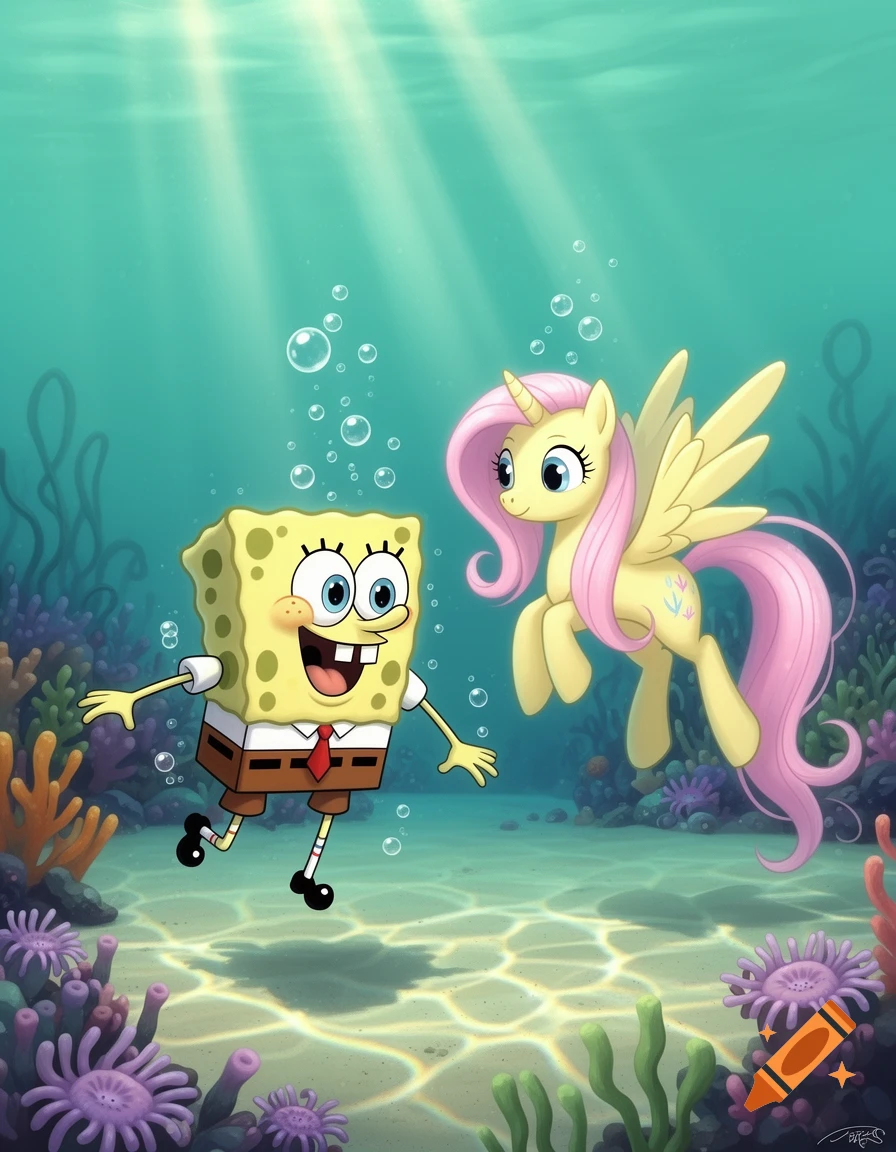 Spongebob Squarepants and Fluttershy from My Little Pony float together in a vibrant cartoon underwater scene with coral and light rays.