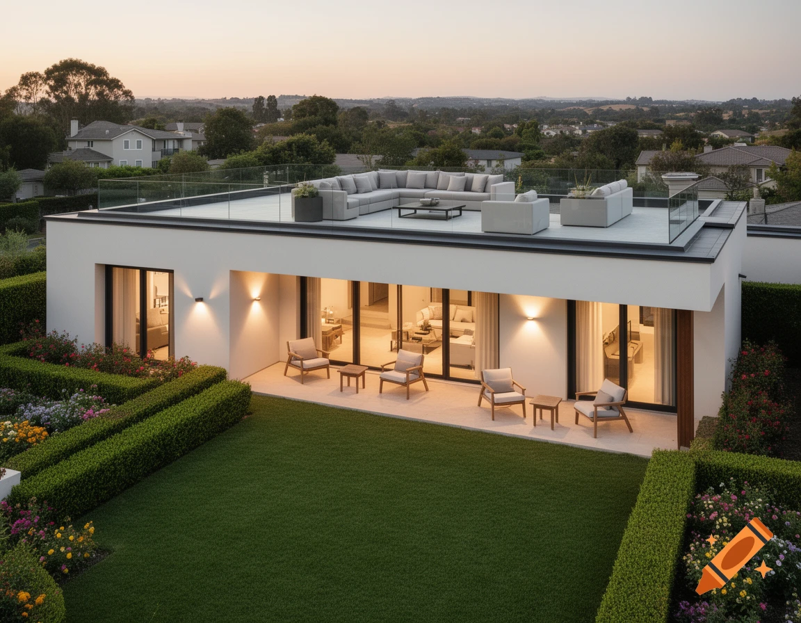 Modern white house with a rooftop lounge, patio, green lawn, and flower beds at sunset.