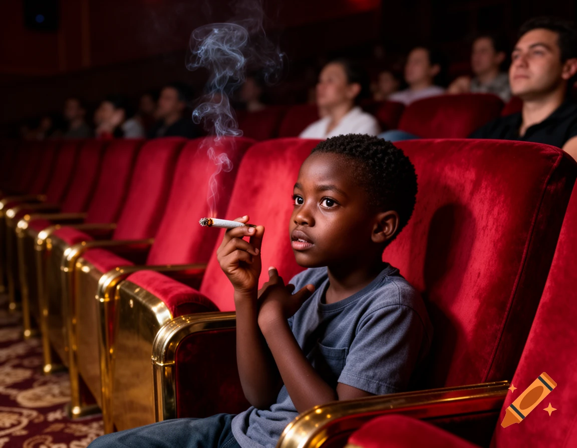 A young Black boy smoking a joint while sitting in a red velvet movie theater seat. Others watch the screen in the background.
