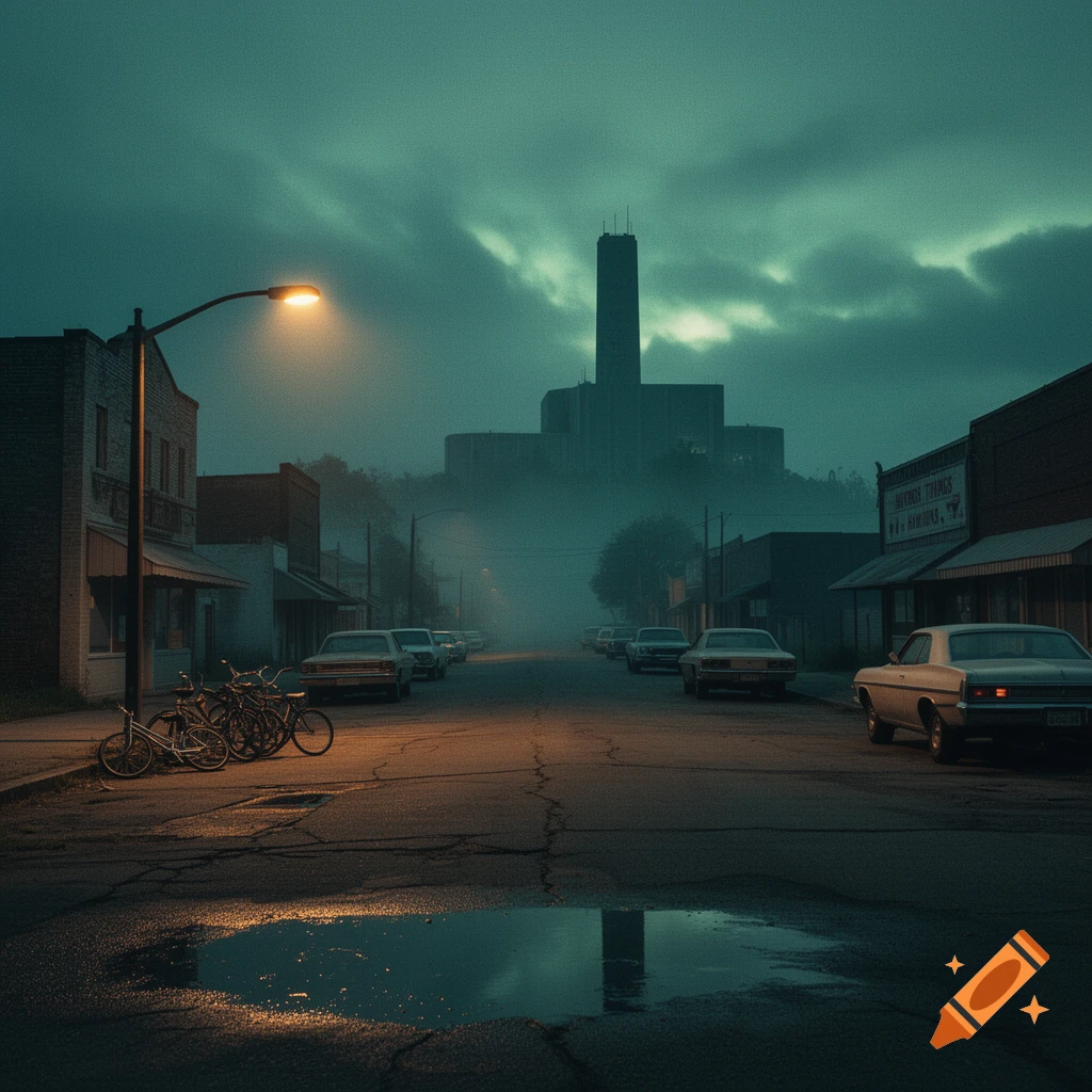 A foggy, dimly lit street at dusk in a small town, with classic cars parked along the sides and a large, imposing building silhouetted in the misty background. A streetlamp casts a warm glow on a puddle in the foreground.