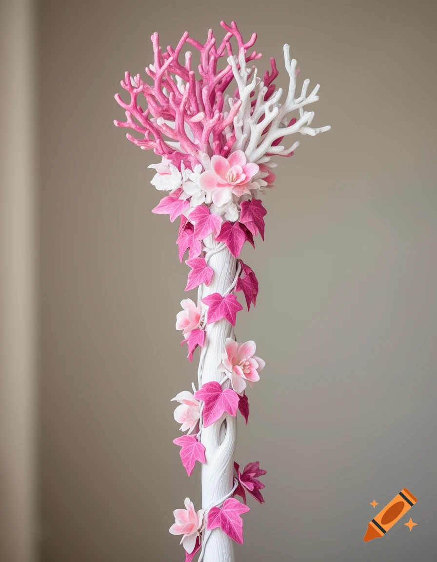 A tall white staff adorned with pink and white coral, pink leaves, and light pink flowers, against a plain background.