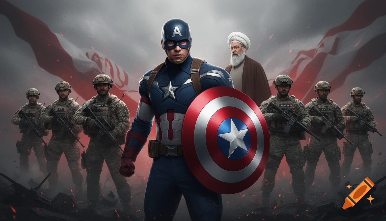 Captain America with his shield stands with soldiers and a religious figure against a backdrop of a red and white flag.
