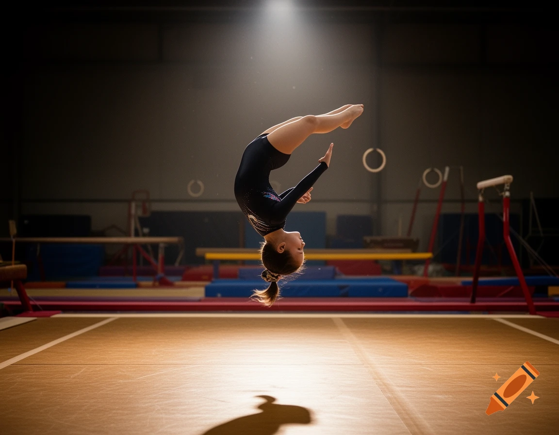 Young girl gymnast performing a backward flip in a spotlighted gym.
