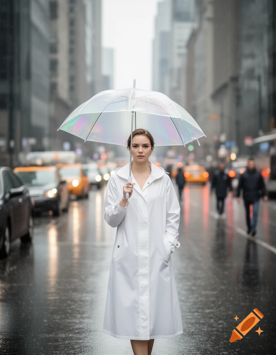 A woman in a white raincoat holds a translucent umbrella on a rainy city street.