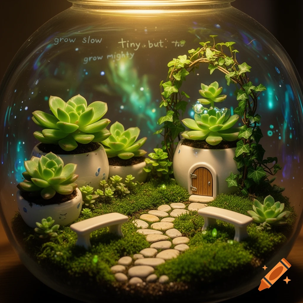 A glowing miniature garden inside a glass terrarium, featuring succulents, mossy pathways, tiny benches, a fairy door, and ambient blue and green lights.